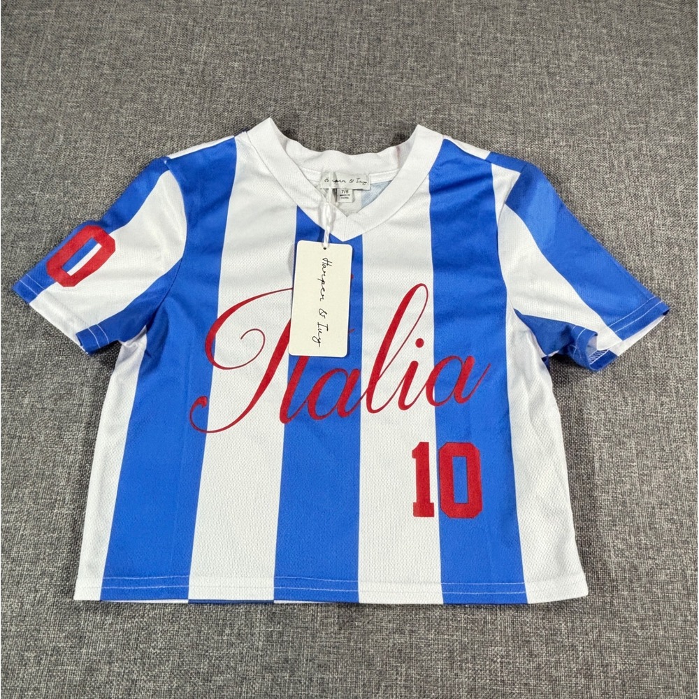 Harper & Ivy Kids Italia Soccer Jersey 7/8 Blue White Striped Mesh Number 10 NWT